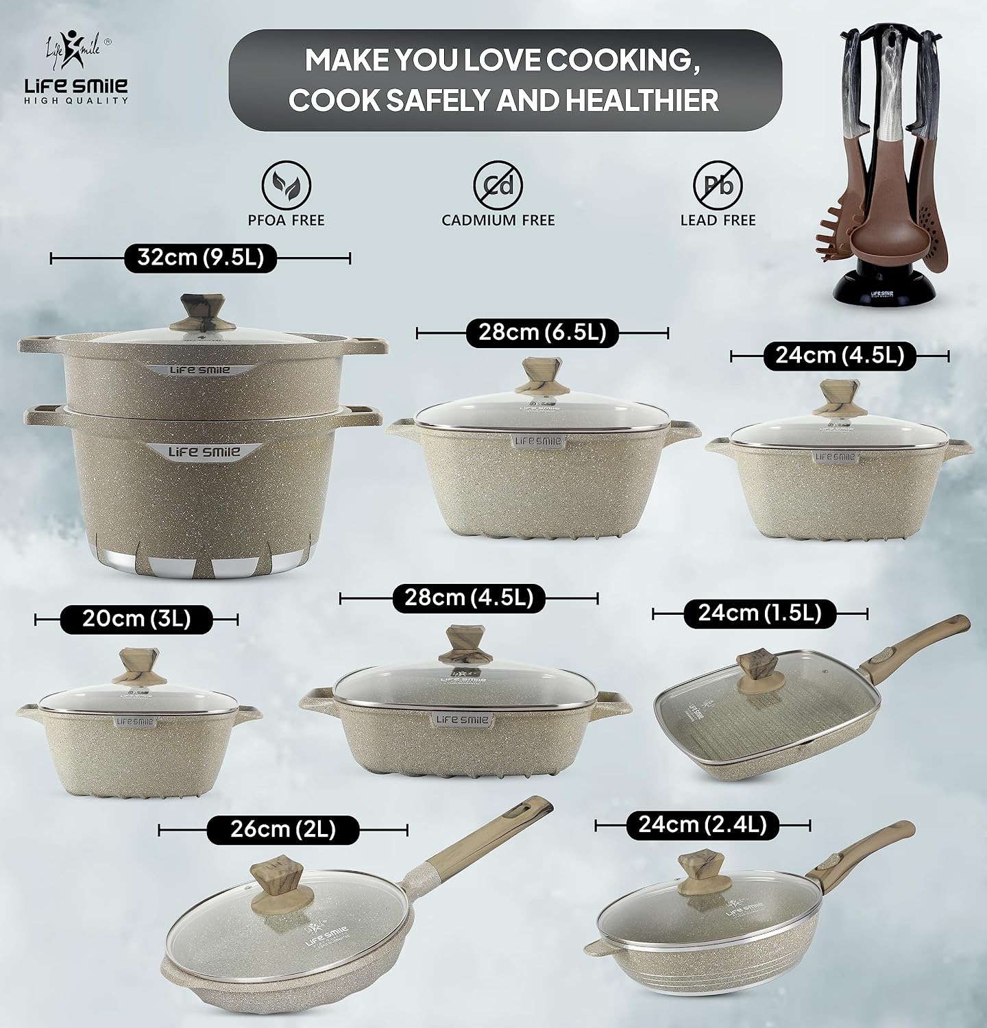 Cookware Set LIFE SMILE 24 pieces Square Pots and Pans Set - Granite, Non-Stick, PFOA Free - Include Casseroles, Steam Pot, Shallow Pot, Grill Pan, Fry Pan, Saute Pan - Image 7