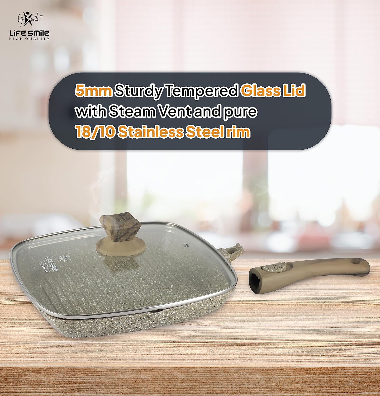 Cookware Set LIFE SMILE 24 pieces Square Pots and Pans Set - Granite, Non-Stick, PFOA Free - Include Casseroles, Steam Pot, Shallow Pot, Grill Pan, Fry Pan, Saute Pan - Image 3