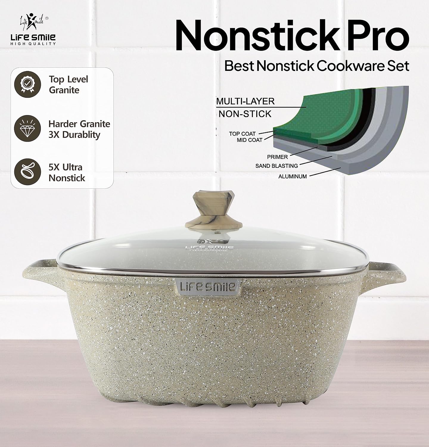 Cookware Set LIFE SMILE 24 pieces Square Pots and Pans Set - Granite, Non-Stick, PFOA Free - Include Casseroles, Steam Pot, Shallow Pot, Grill Pan, Fry Pan, Saute Pan - Image 5