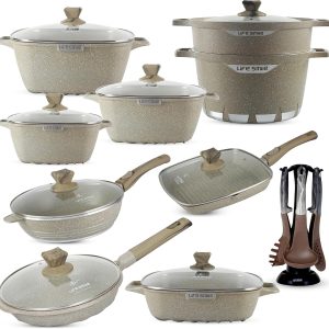 Cookware Set LIFE SMILE 24 pieces Square Pots and Pans Set - Granite, Non-Stick, PFOA Free - Include Casseroles, Steam Pot, Shallow Pot, Grill Pan, Fry Pan, Saute Pan