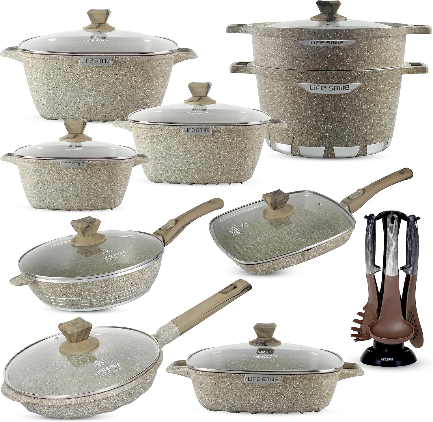 Cookware Set LIFE SMILE 24 pieces Square Pots and Pans Set - Granite, Non-Stick, PFOA Free - Include Casseroles, Steam Pot, Shallow Pot, Grill Pan, Fry Pan, Saute Pan